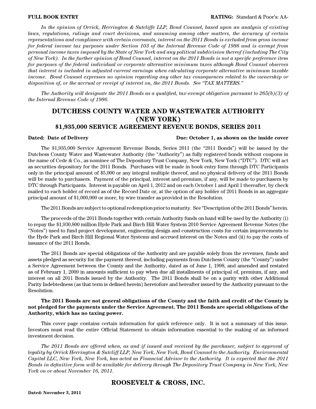 Dutchess County Water and Wastewater Authority (New York) $1,935,000 Service Agreement Revenue Bonds, Series 2011