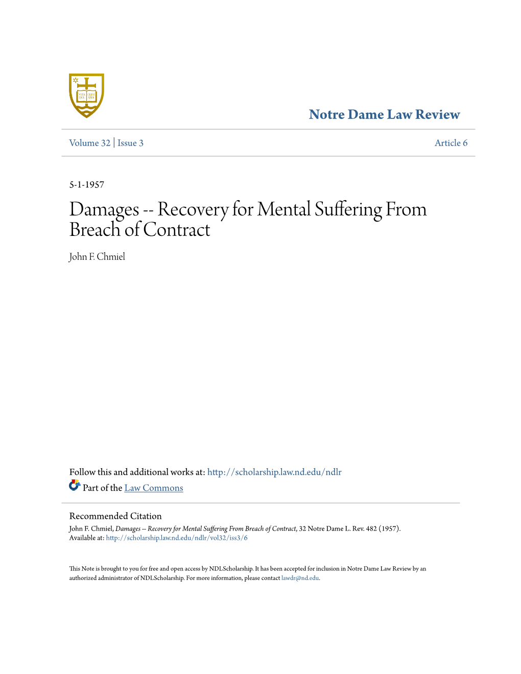 Damages -- Recovery for Mental Suffering from Breach of Contract John F