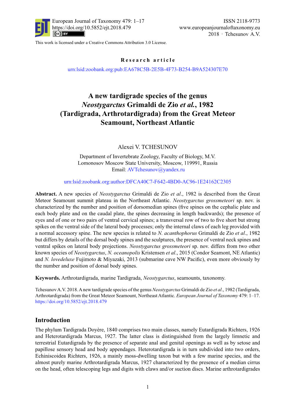 A New Tardigrade Species of the Genus Neostygarctus Grimaldi De Zio Et Al., 1982 (Tardigrada, Arthrotardigrada) from the Great Meteor Seamount, Northeast Atlantic