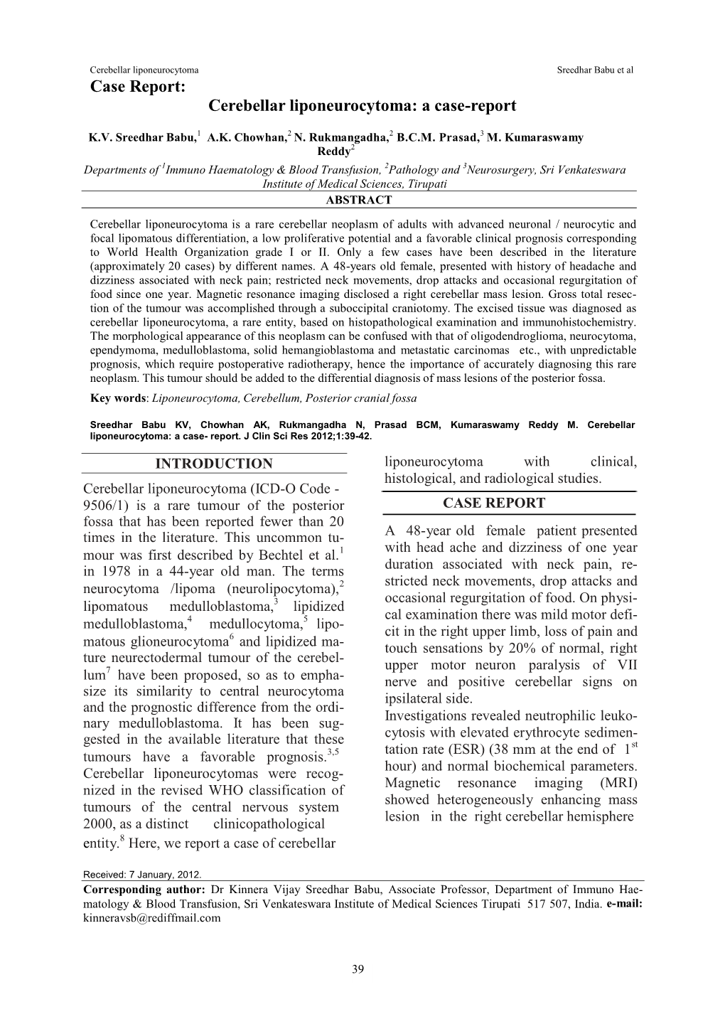 Cerebellar Liponeurocytoma Sreedhar Babu Et Al Case Report: Cerebellar Liponeurocytoma: a Case-Report