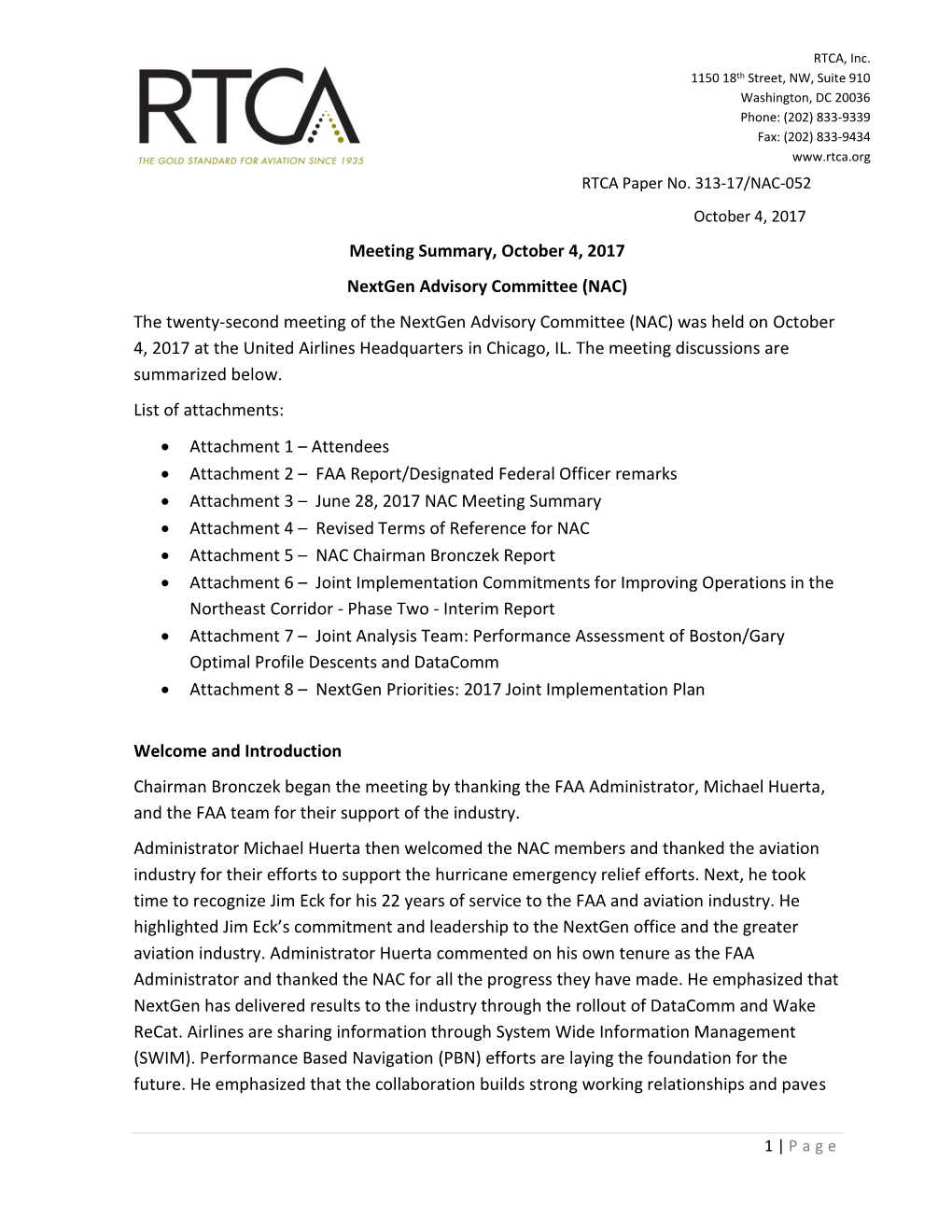 Meeting Summary, October 4, 2017 Nextgen Advisory Committee
