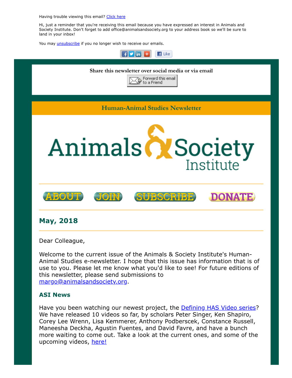 Human-Animal Studies Newsletter May, 2018