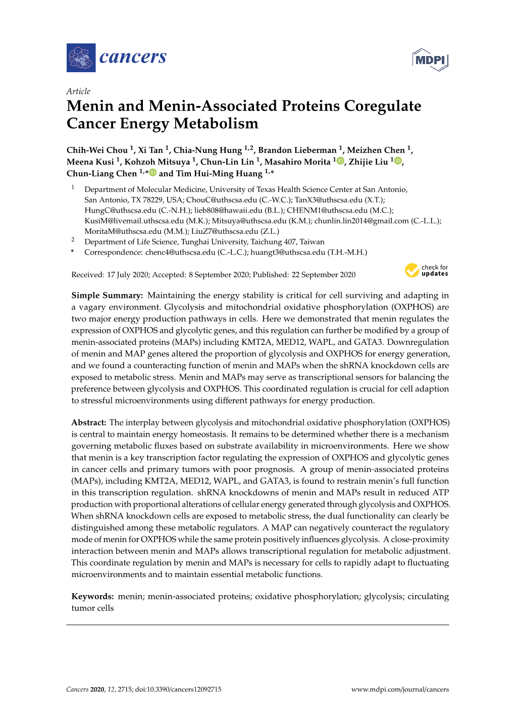 Menin and Menin-Associated Proteins Coregulate Cancer Energy Metabolism