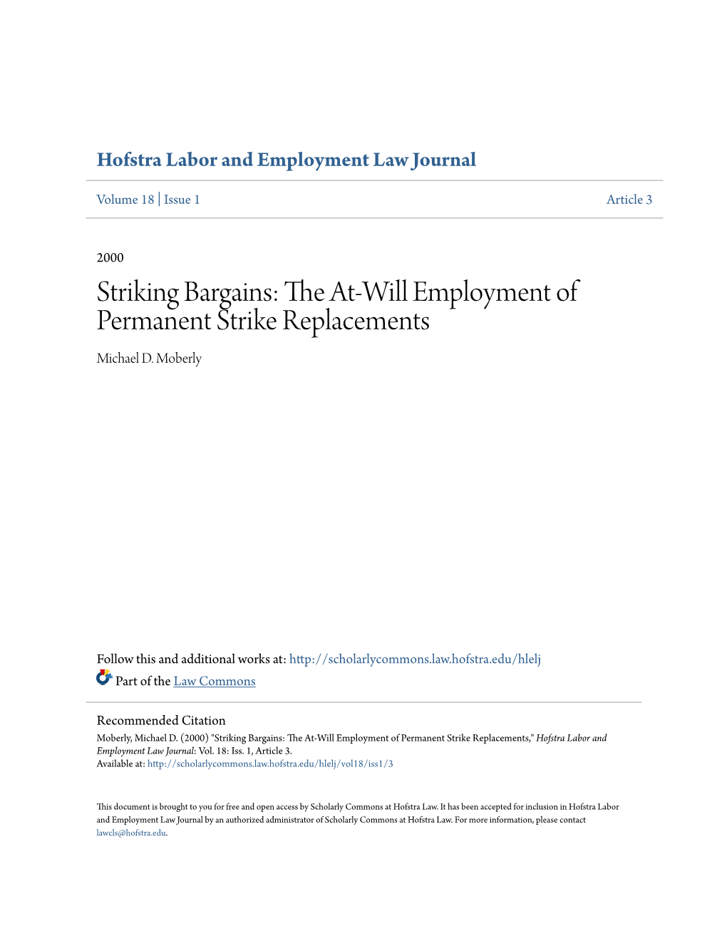 The At-Will Employment of Permanent Strike Replacements Michael D