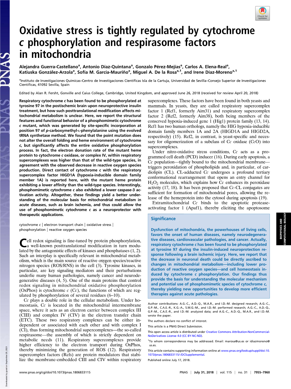 Oxidative Stress Is Tightly Regulated by Cytochrome C Phosphorylation and Respirasome Factors in Mitochondria