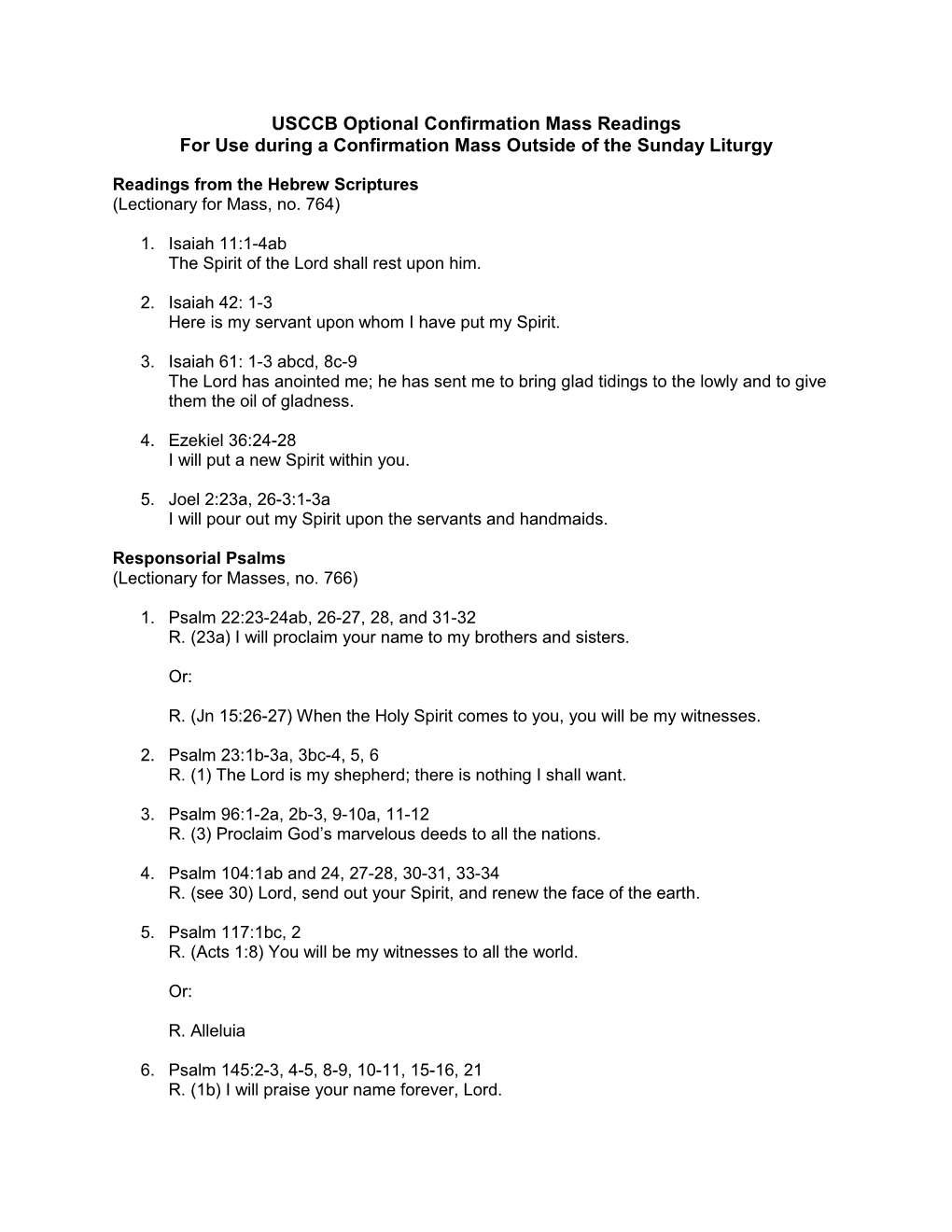 USCCB Optional Confirmation Mass Readings for Use During a Confirmation Mass Outside of the Sunday Liturgy