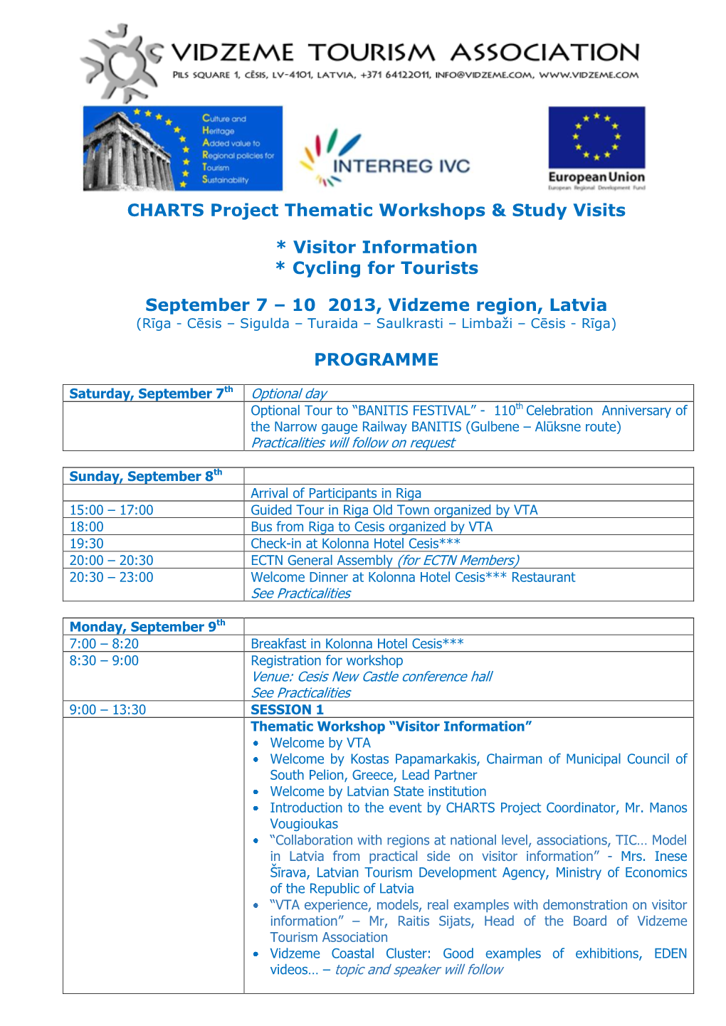 CHARTS Project Thematic Workshops & Study Visits * Visitor Information