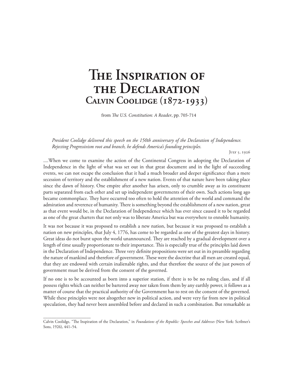 The Inspiration of the Declaration Calvin Coolidge (1872-1933)