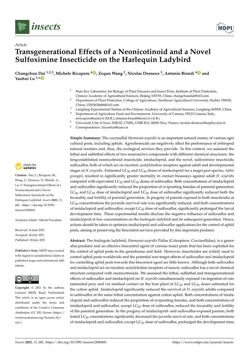 Transgenerational Effects of a Neonicotinoid and a Novel Sulfoximine Insecticide on the Harlequin Ladybird