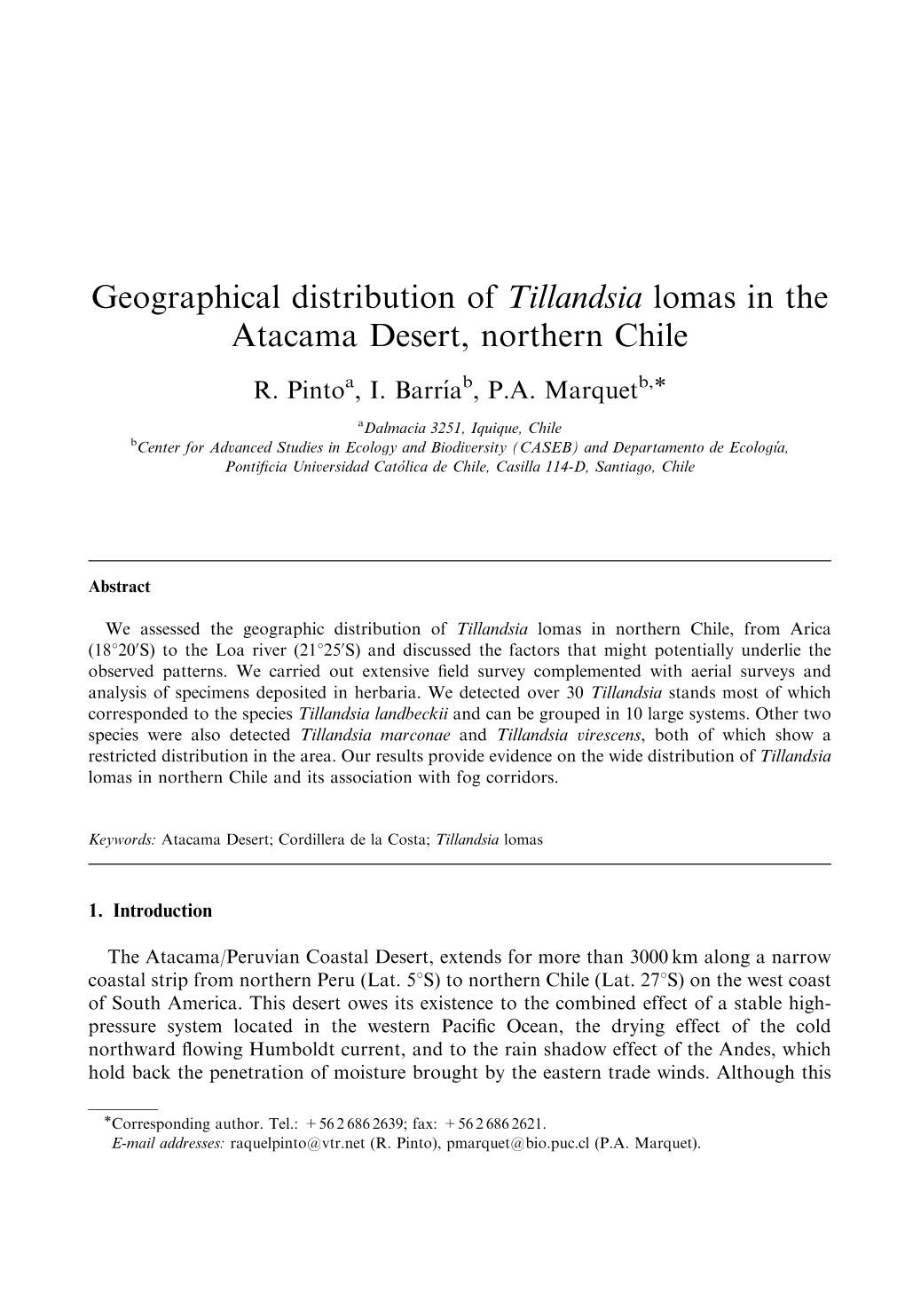 Geographical Distribution of Tillandsia Lomas in the Atacama Desert, Northern Chile