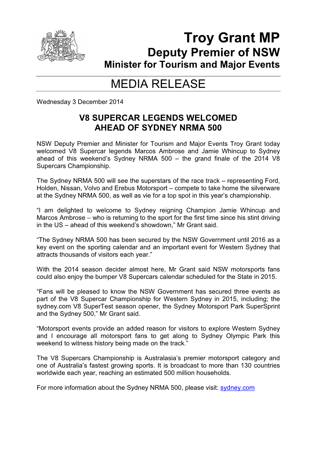 V8 Supercar Legends Welcomed Ahead of Sydney Nrma 500