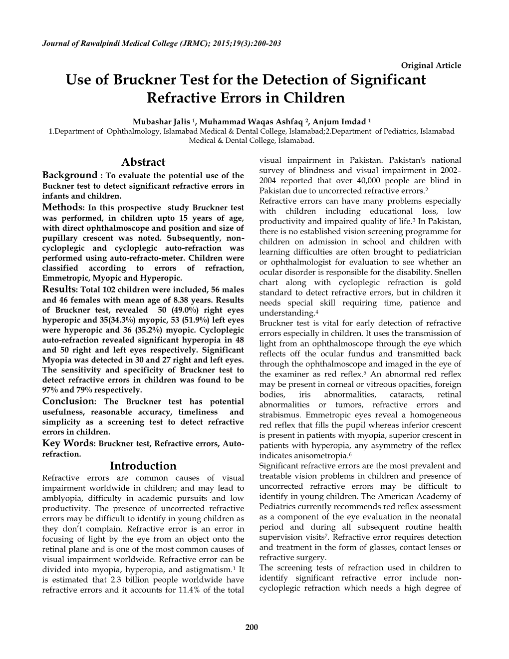 Use of Bruckner Test for the Detection of Significant Refractive Errors in Children