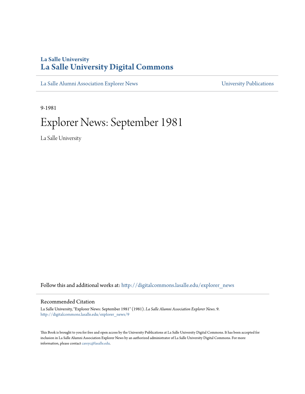 Explorer News: September 1981 La Salle University