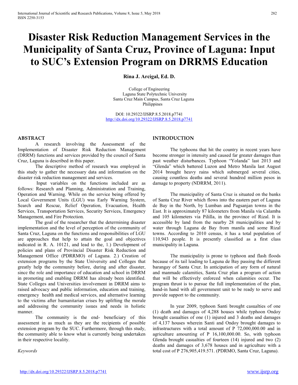 Disaster Risk Reduction Management Services in the Municipality of Santa Cruz, Province of Laguna: Input to SUC’S Extension Program on DRRMS Education
