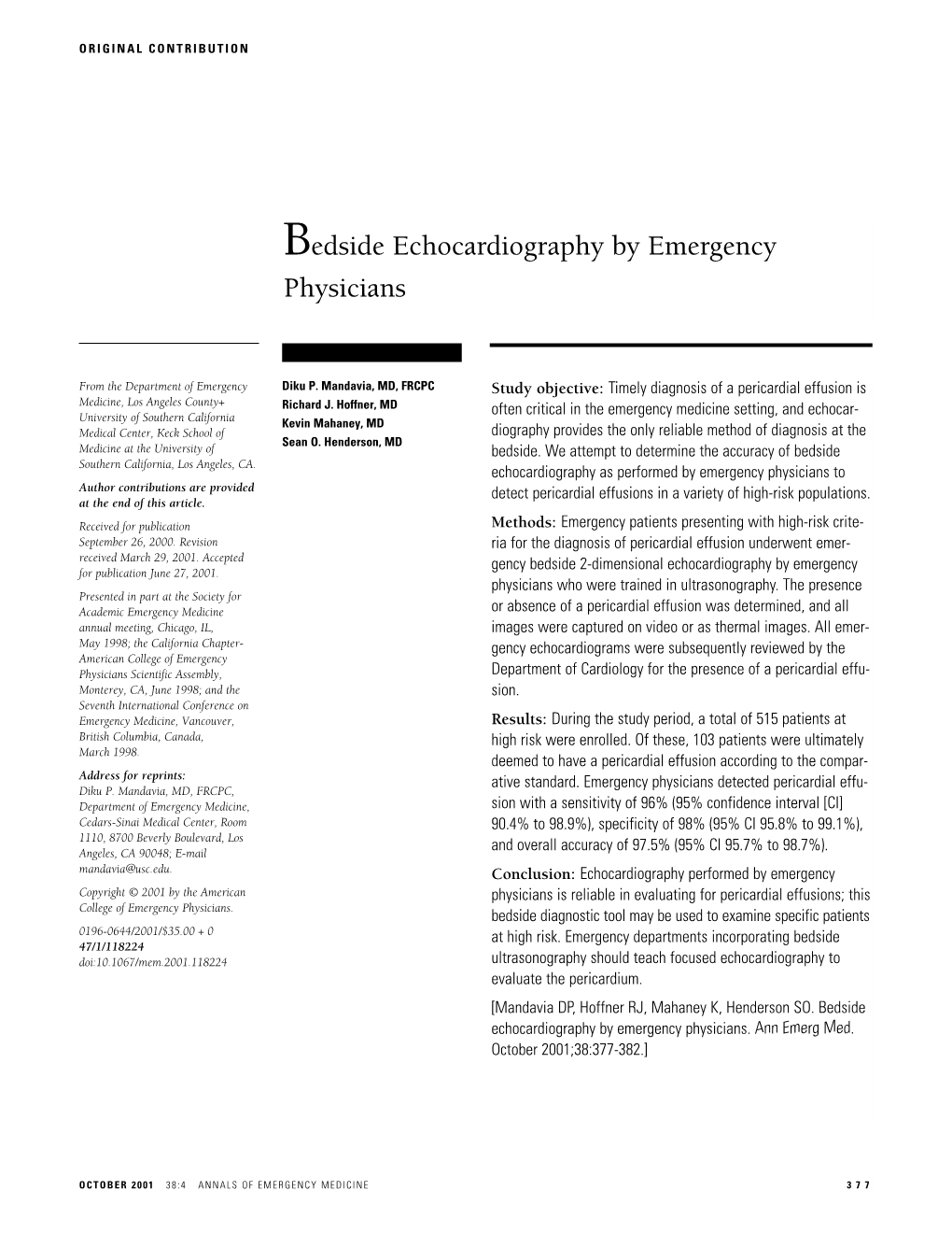Bedside Echocardiography by Emergency Physicians