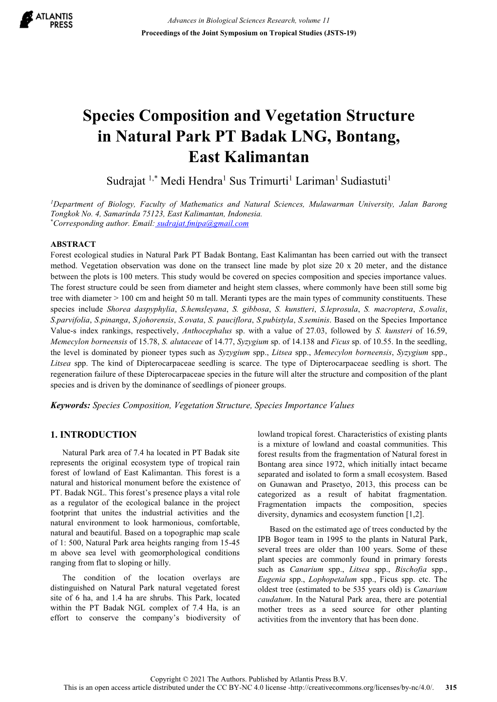 Species Composition and Vegetation Structure in Natural Park PT Badak LNG, Bontang, East Kalimantan