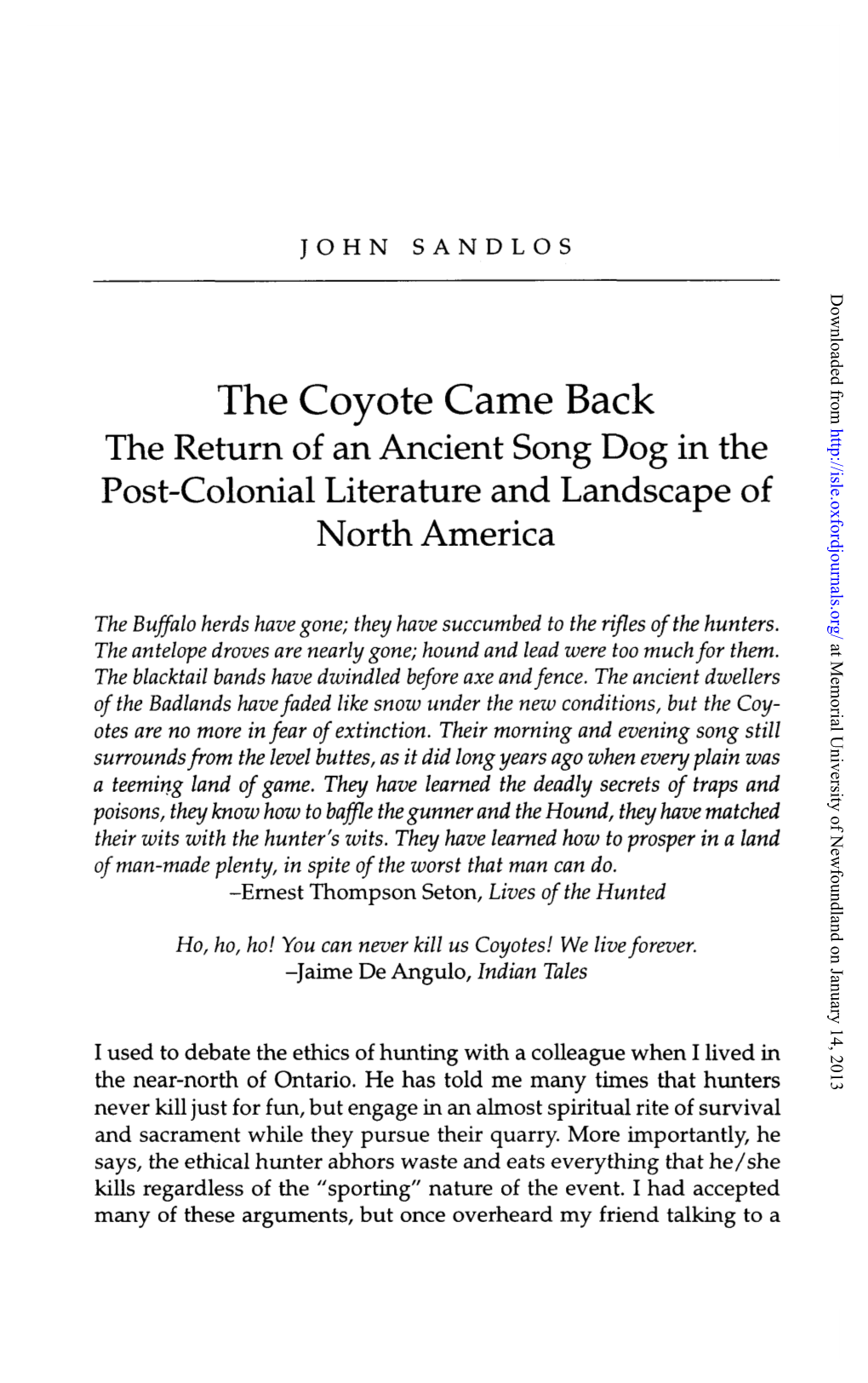 The Coyote Came Back the Return of an Ancient Song Dog in the Post-Colonial Literature and Landscape of North America