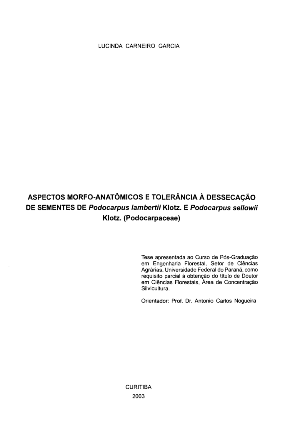ASPECTOS MORFO-ANATÔMICOS E TOLERÂNCIA À DESSECAÇÃO DE SEMENTES DE Podocarpus Lambertii Klotz