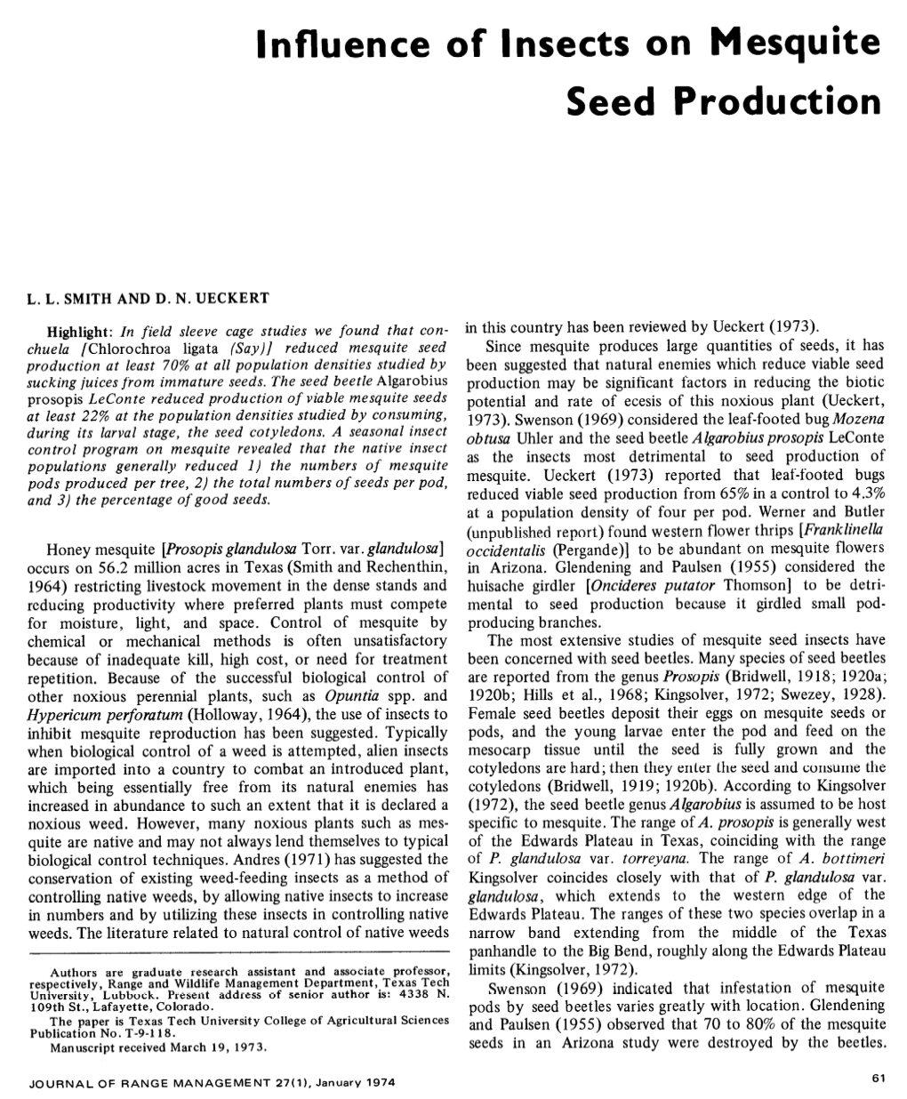 Influence of Insects on Mesquite Seed Production