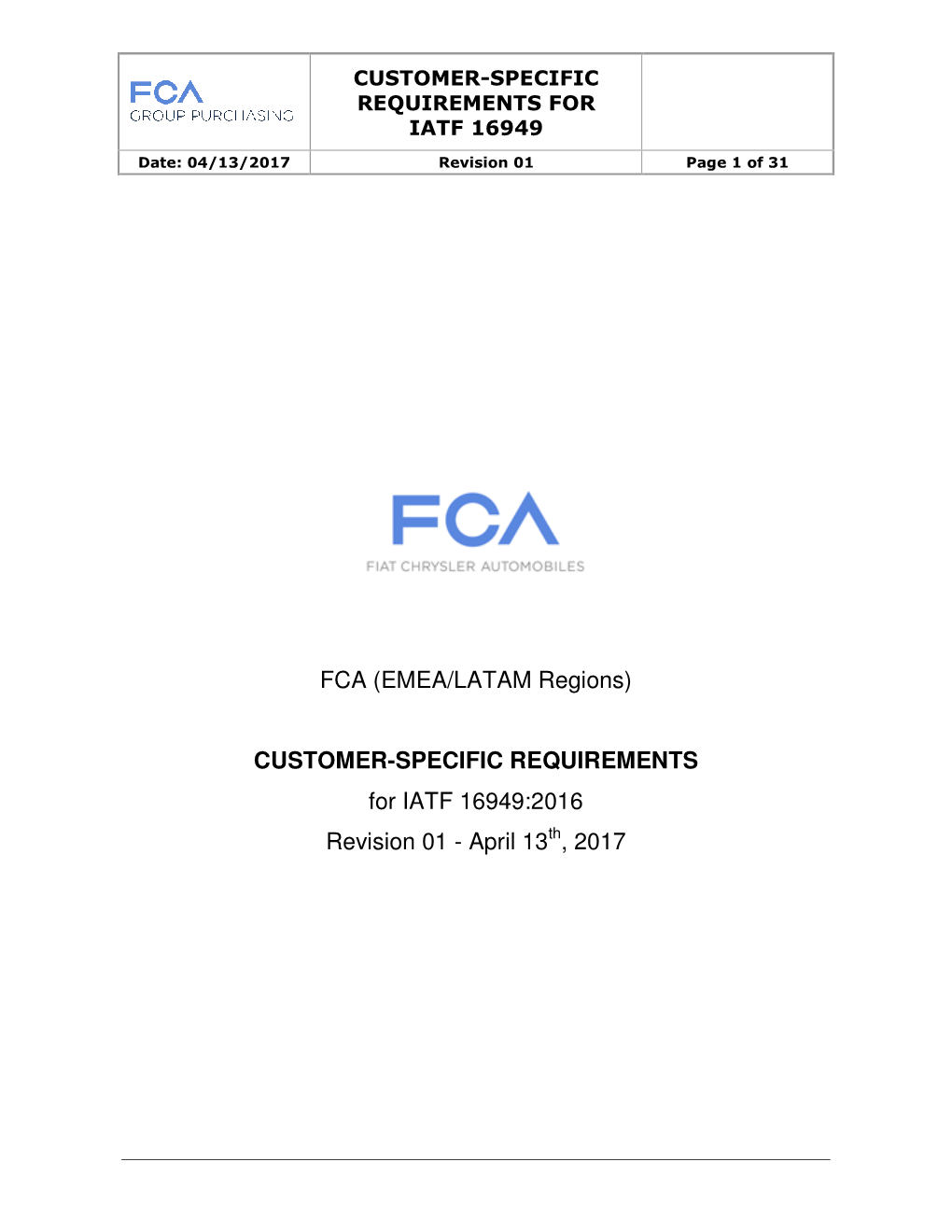 FCA (EMEA/LATAM Regions) CUSTOMER-SPECIFIC