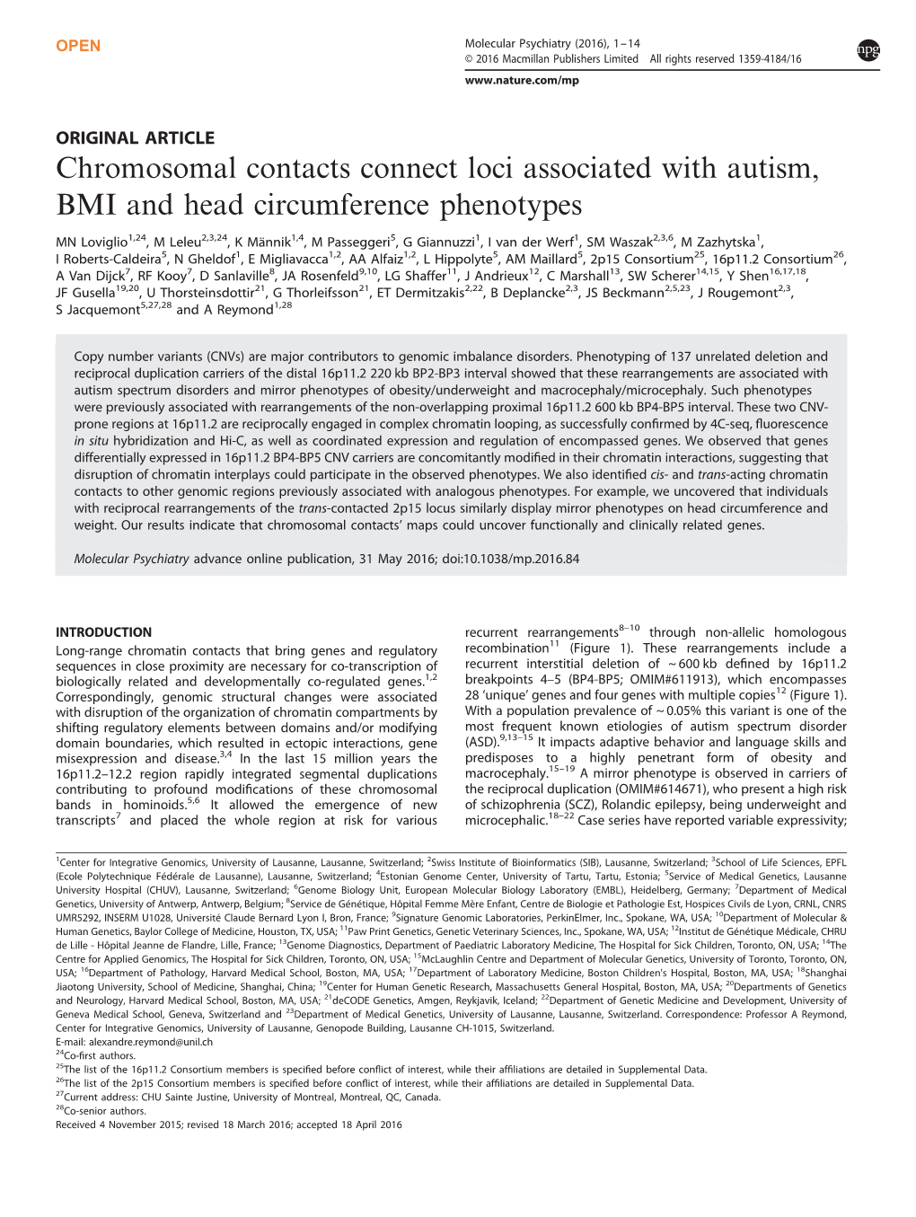 Chromosomal Contacts Connect Loci Associated with Autism, BMI and Head Circumference Phenotypes
