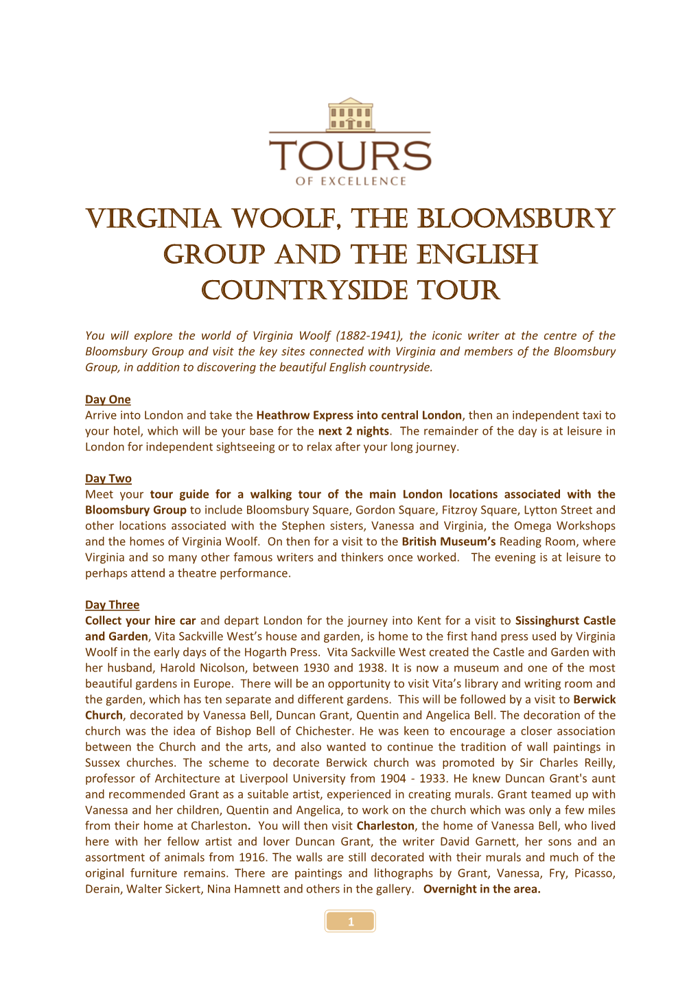 Virginia Woolf, the Bloomsbury Group and the English Countryside Tour