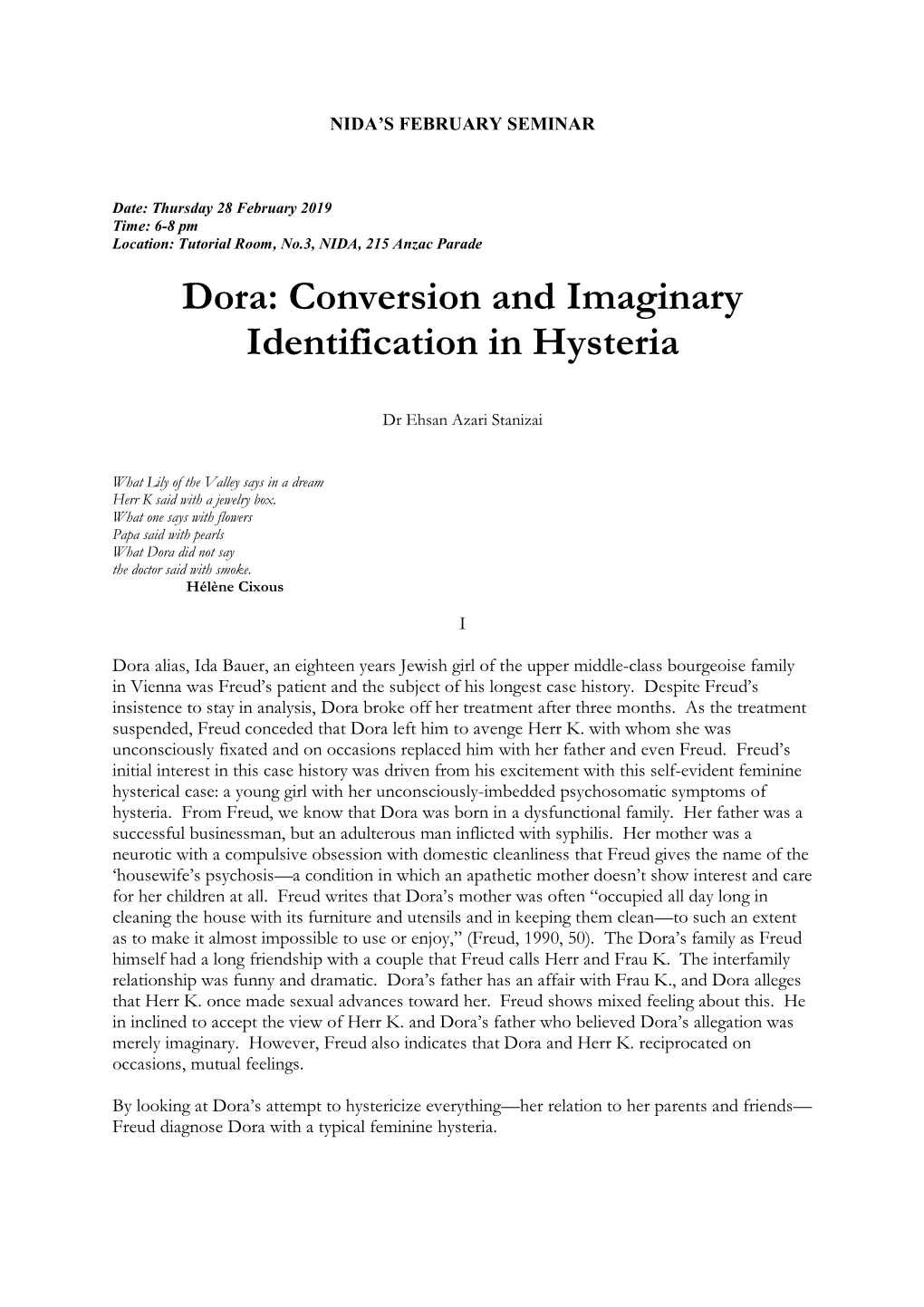 Dora: Conversion and Imaginary Identification in Hysteria
