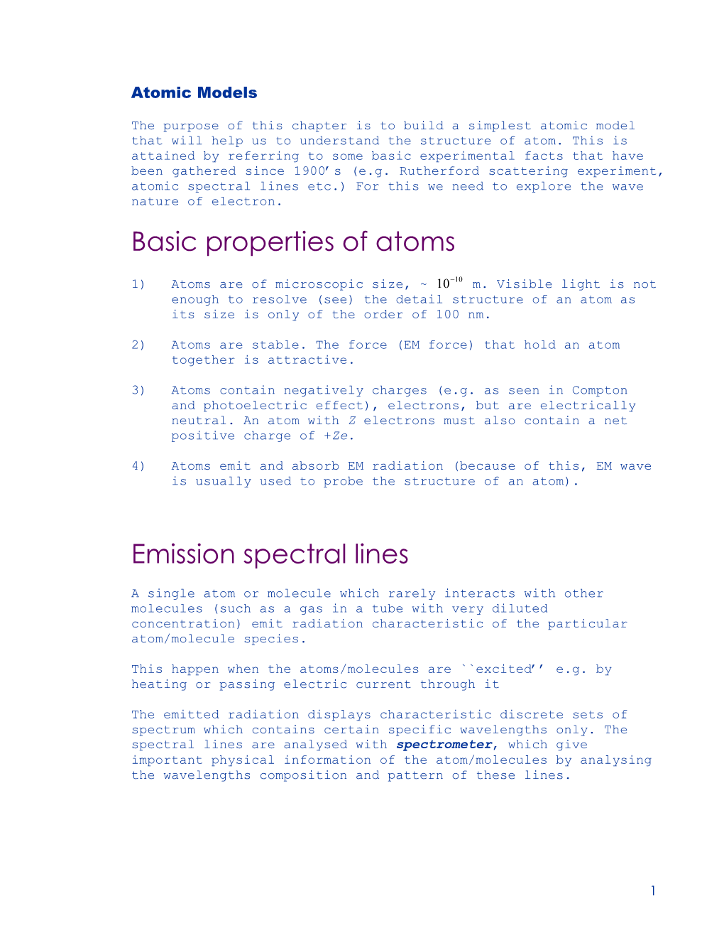 Basic Properties of Atoms Emission Spectral Lines