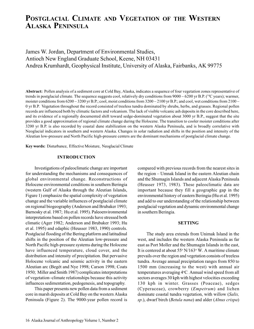 Postglacial Climate and Vegetation of the Western Alaska Peninsula