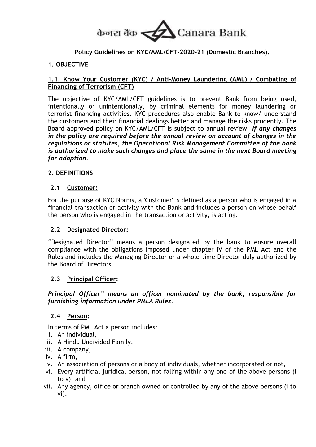 Policy Guidelines on KYC/AML/CFT-2020-21 (Domestic Branches)