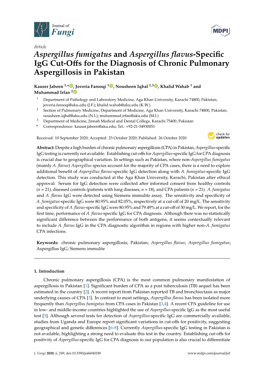 Aspergillus Fumigatus and Aspergillus Flavus-Specific Igg Cut-Offs for The