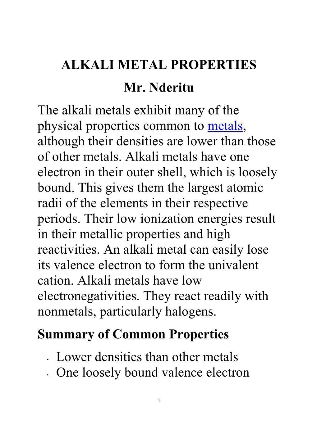 ALKALI METAL PROPERTIES Mr