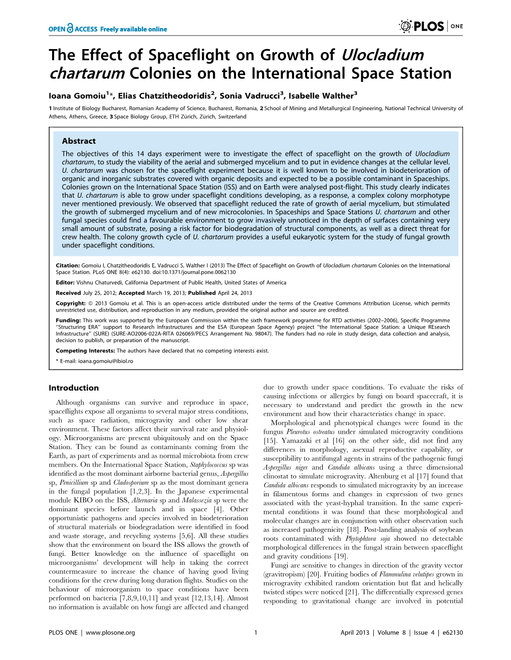 The Effect of Spaceflight on Growth of Ulocladium Chartarum Colonies on the International Space Station