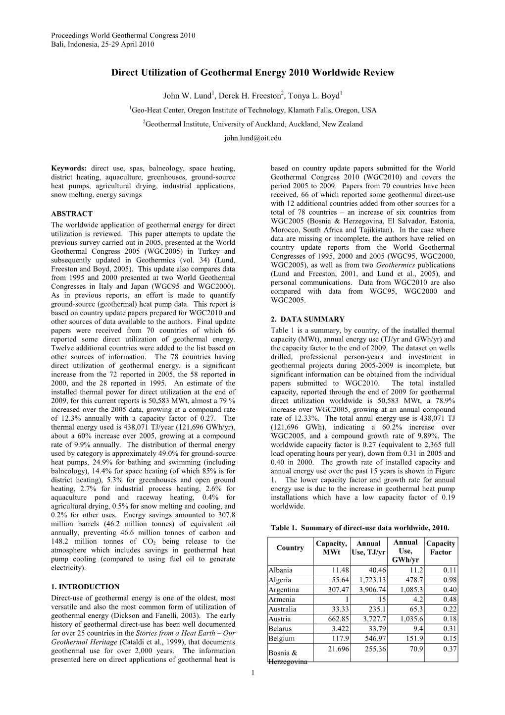 Direct Utilization of Geothermal Energy 2010 Worldwide Review