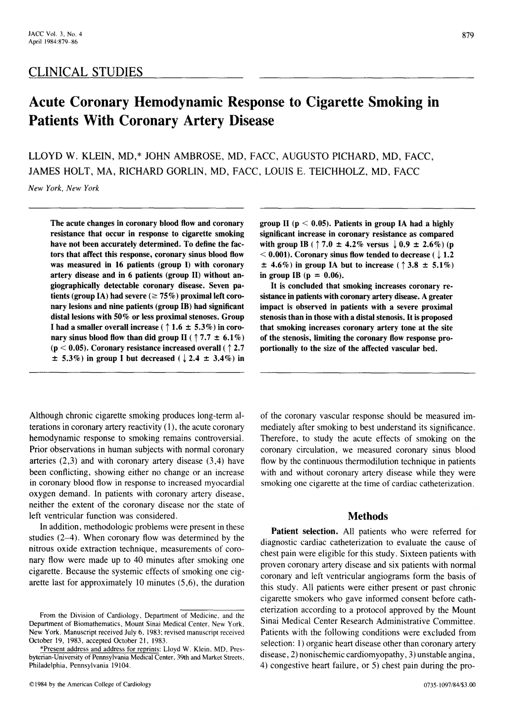 Acute Coronary Hemodynamic Response to Cigarette Smoking in Patients with Coronary Artery Disease