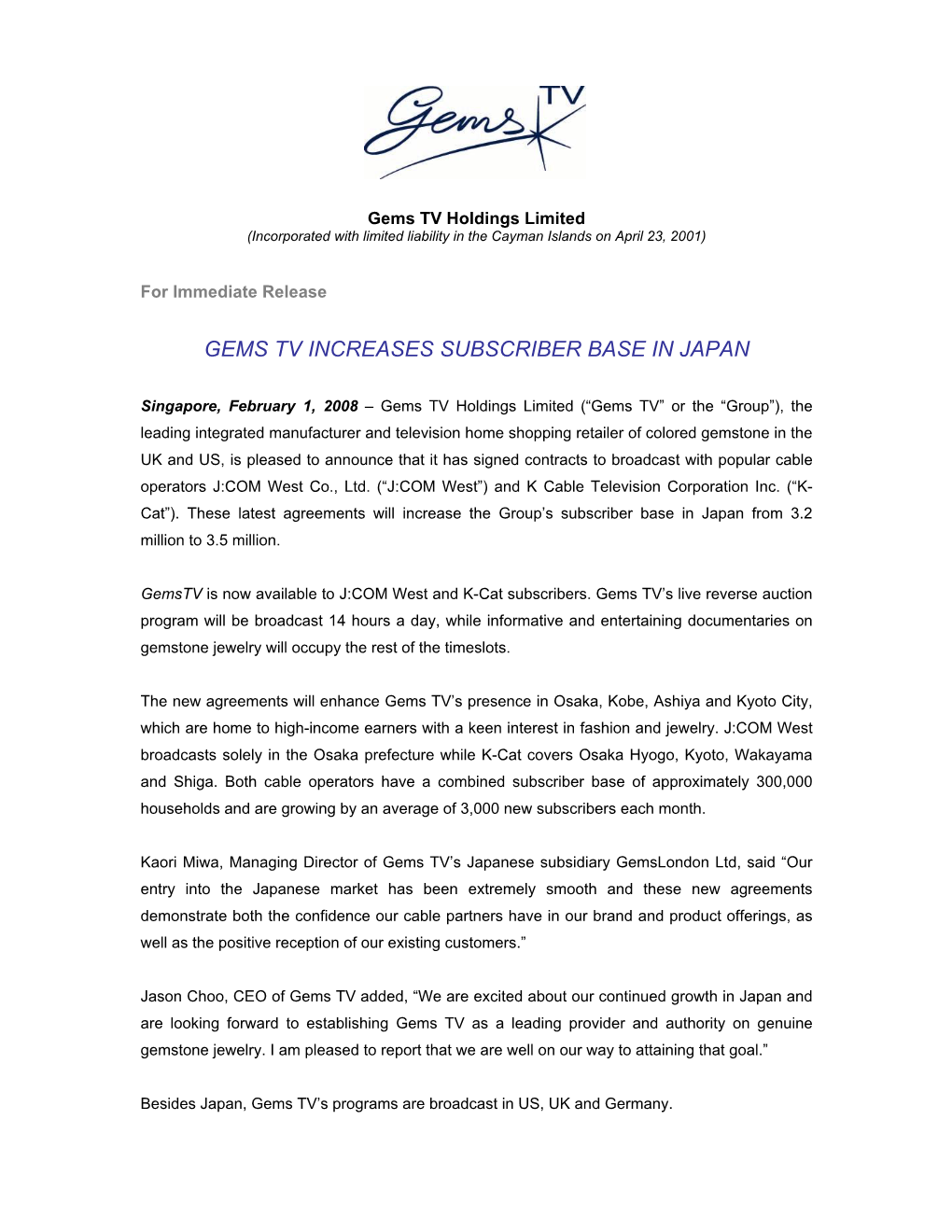 Gems Tv Increases Subscriber Base in Japan