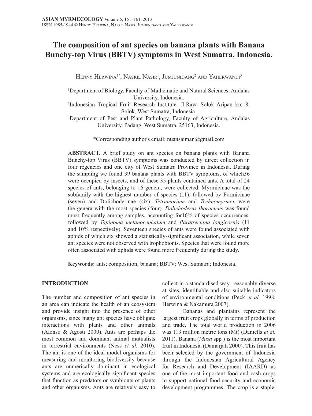 The Composition of Ant Species on Banana Plants with Banana Bunchy-Top Virus (BBTV) Symptoms in West Sumatra, Indonesia