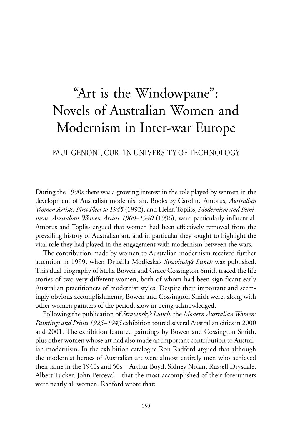 “Art Is the Windowpane”: Novels of Australian Women and Modernism in Inter-War Europe