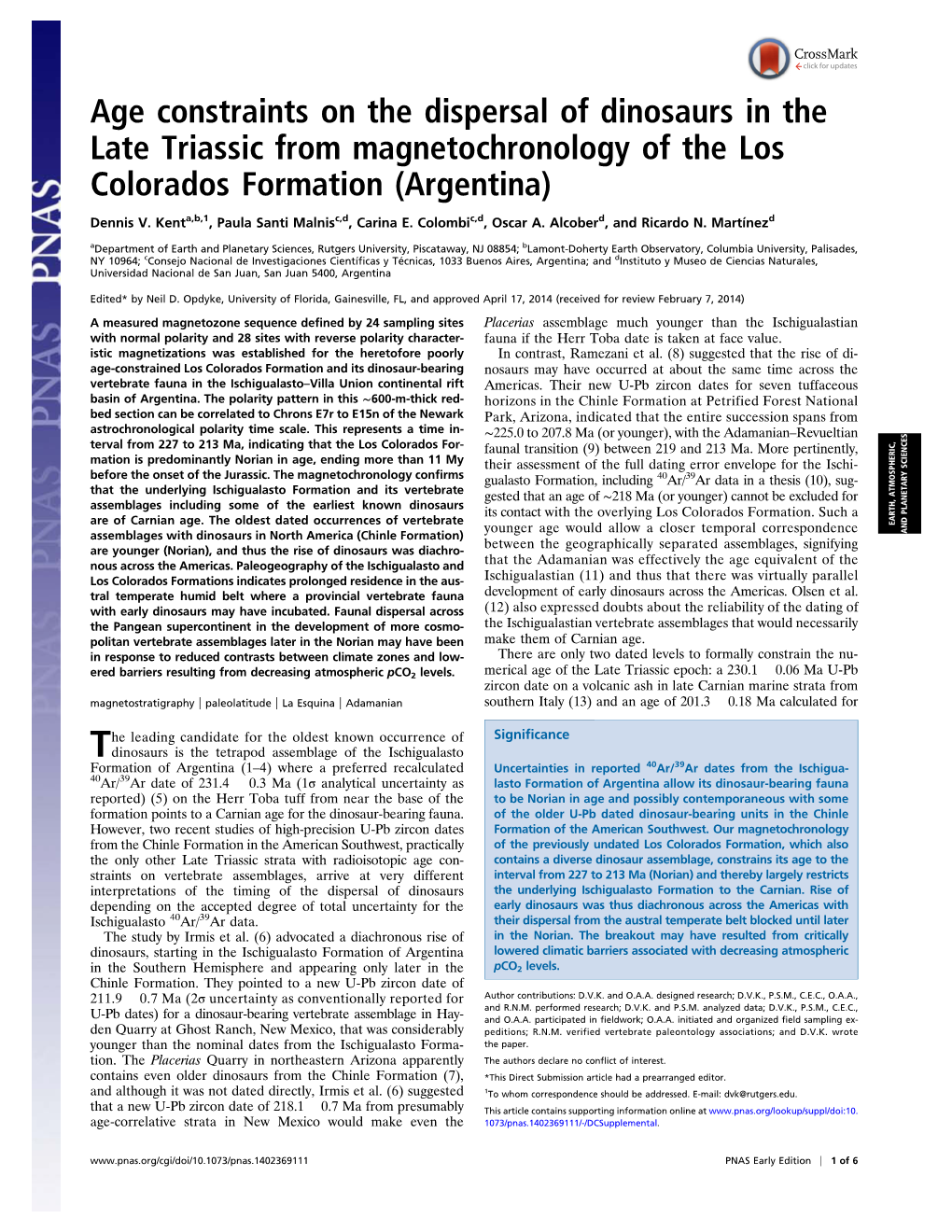 Age Constraints on the Dispersal of Dinosaurs in the Late Triassic from Magnetochronology of the Los Colorados Formation (Argentina) Dennis V