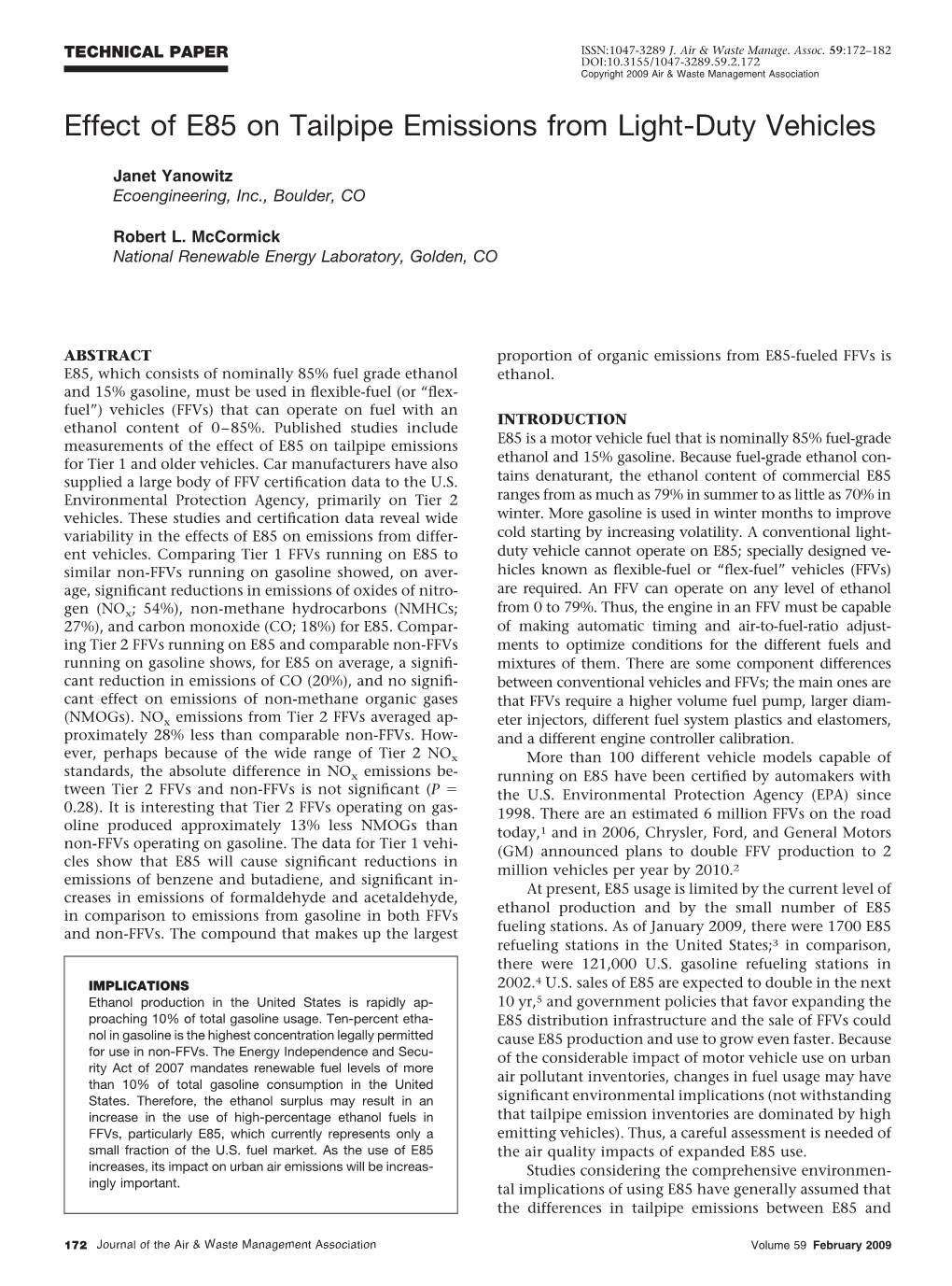 Effect of E85 on Tailpipe Emissions from Light-Duty Vehicles