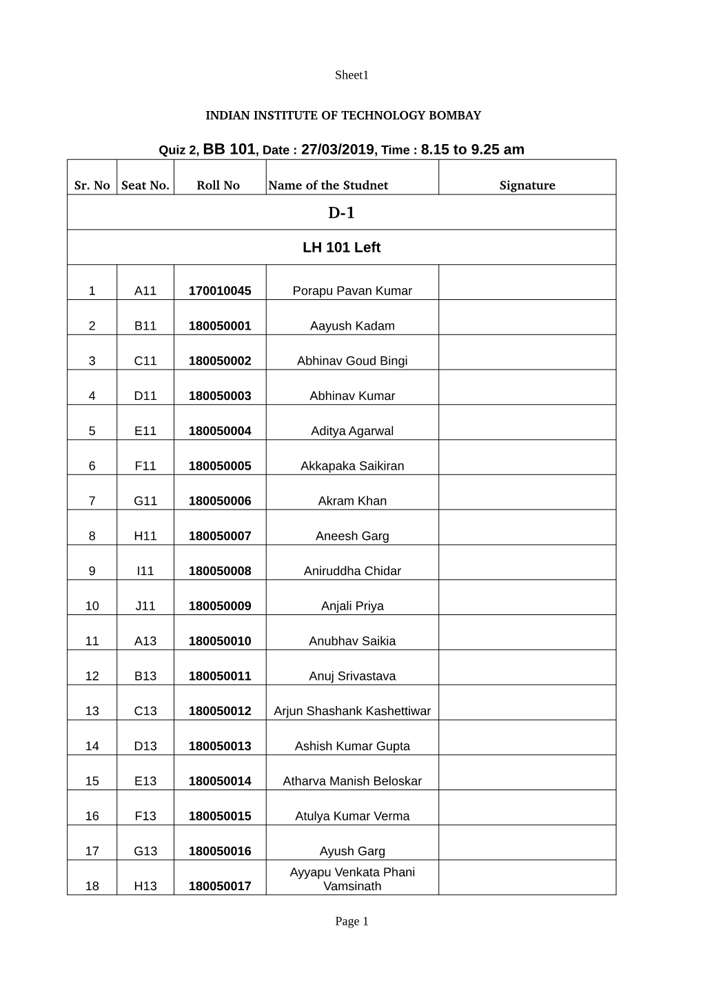 LH 101 Left Quiz 2, BB 101, Date : 27/03/2019, Time