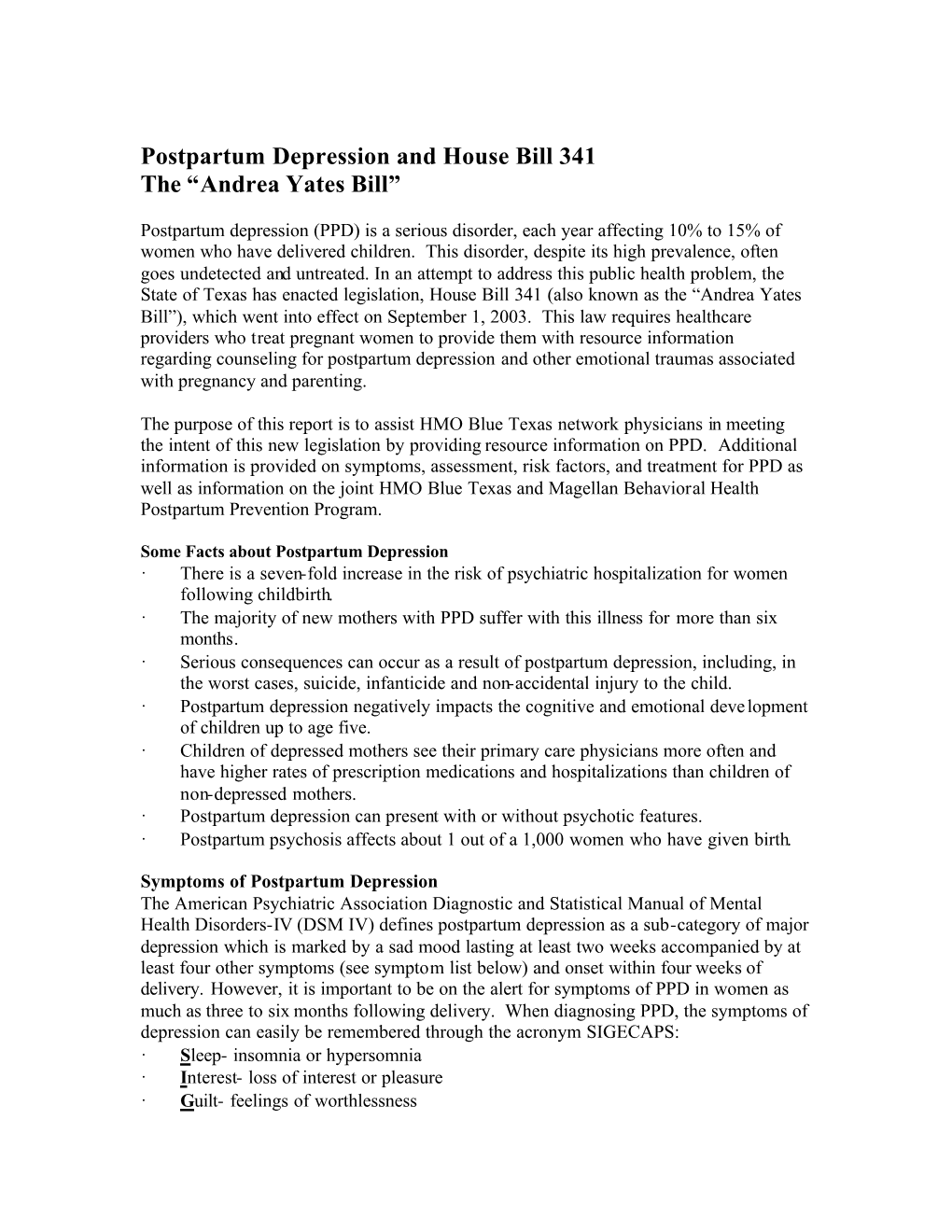 Postpartum Depression and House Bill 341 the “Andrea Yates Bill”