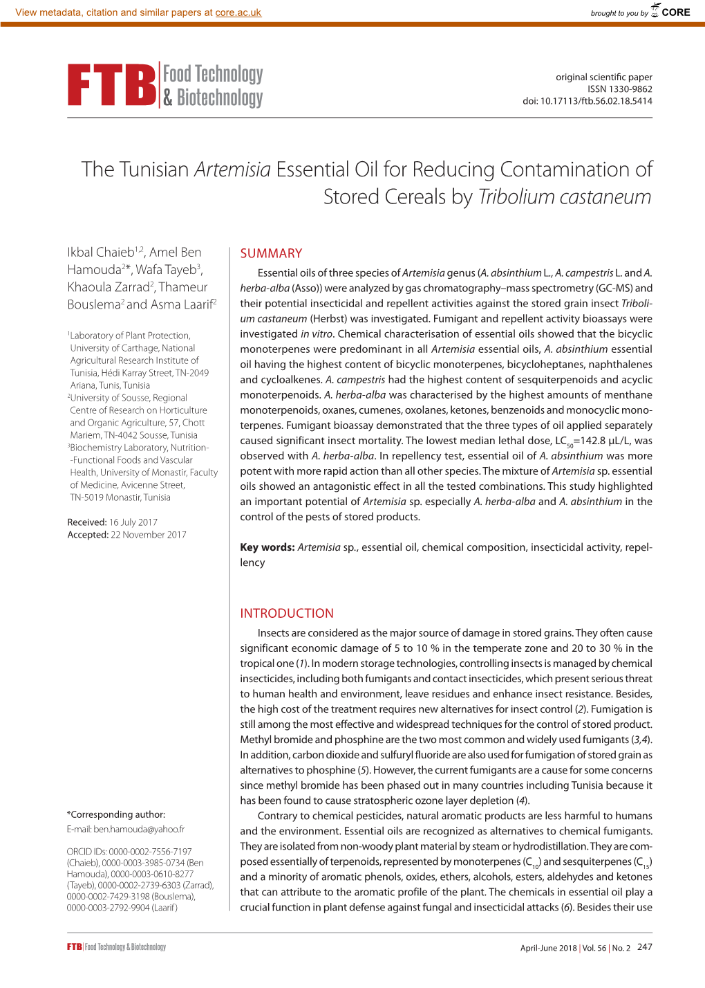 The Tunisian Artemisia Essential Oil for Reducing Contamination of Stored Cereals by Tribolium Castaneum