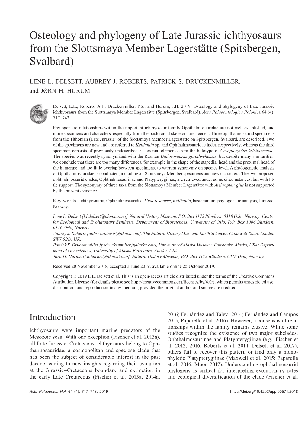 Osteology and Phylogeny of Late Jurassic Ichthyosaurs from the Slottsmøya Member Lagerstätte (Spitsbergen, Svalbard)