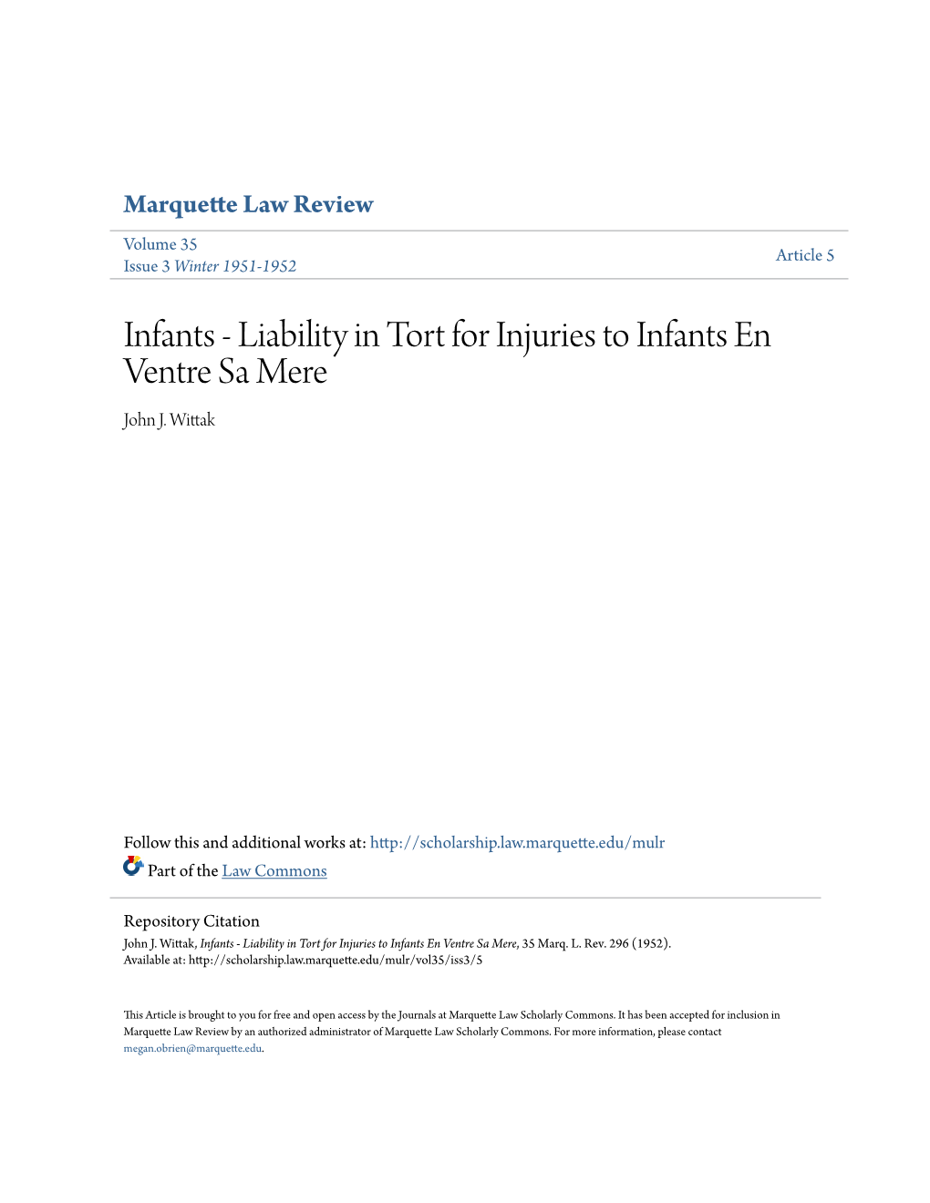 Liability in Tort for Injuries to Infants En Ventre Sa Mere John J