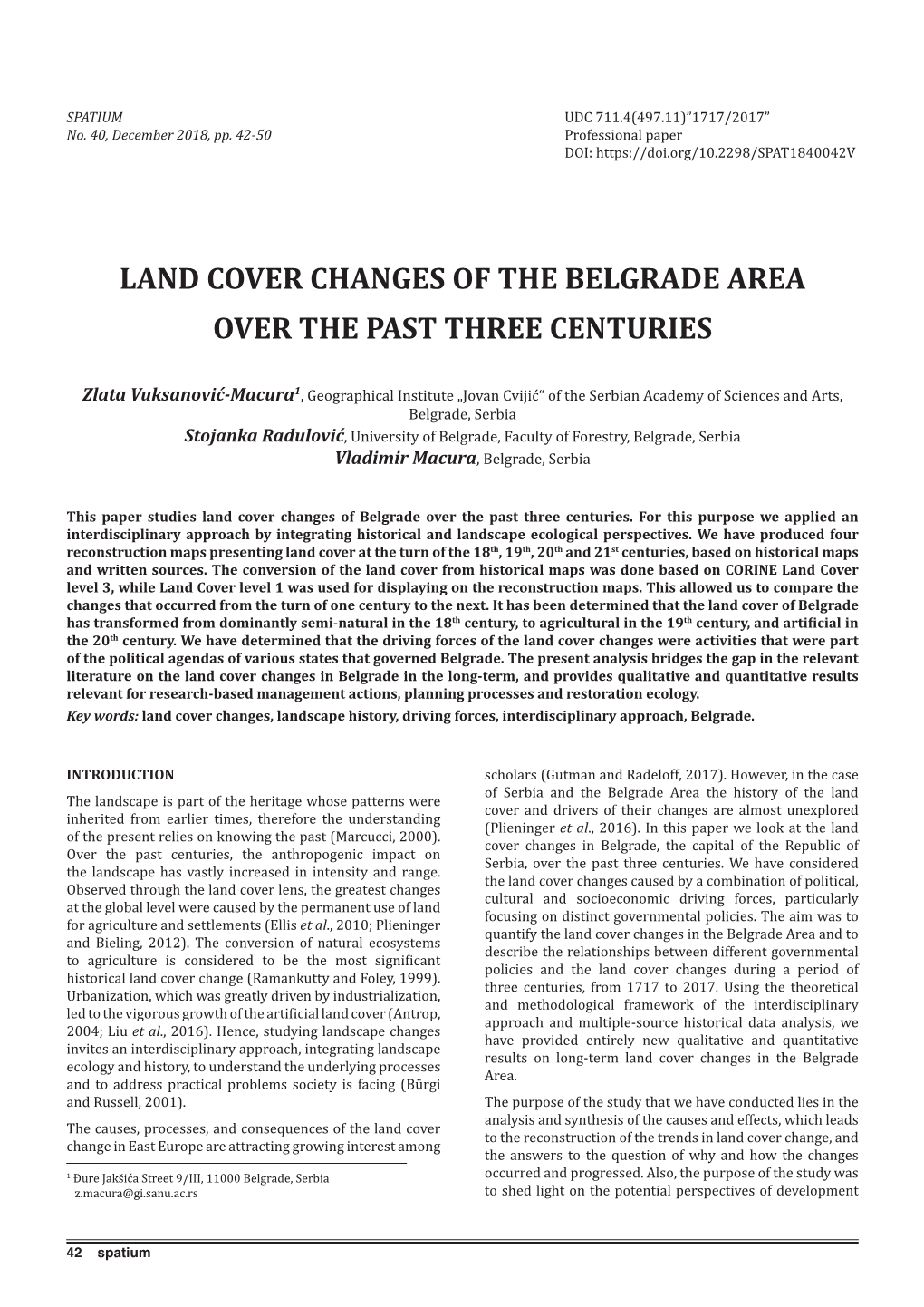 Land Cover Changes of the Belgrade Area Over the Past Three Centuries