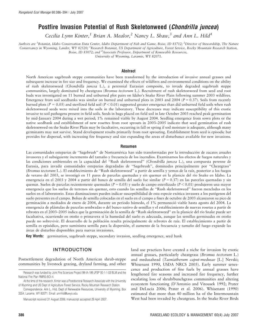 Postfire Invasion Potential of Rush Skeletonweed (Chondrilla Juncea L.)