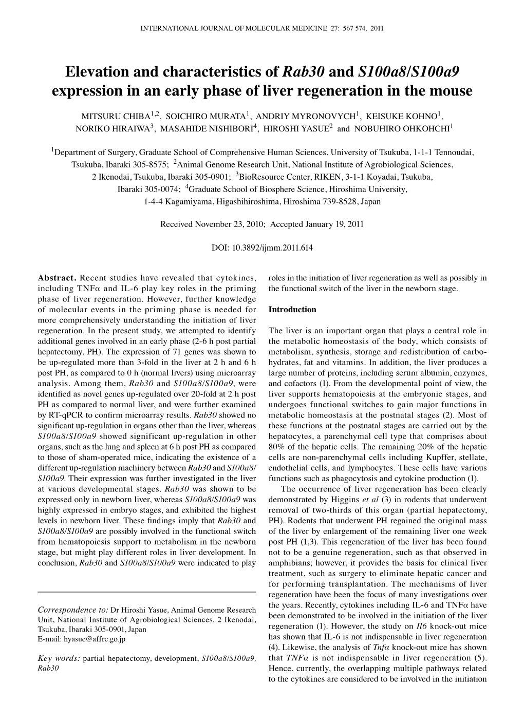 Elevation and Characteristics of Rab30 and S100a8/S100a9 Expression in an Early Phase of Liver Regeneration in the Mouse