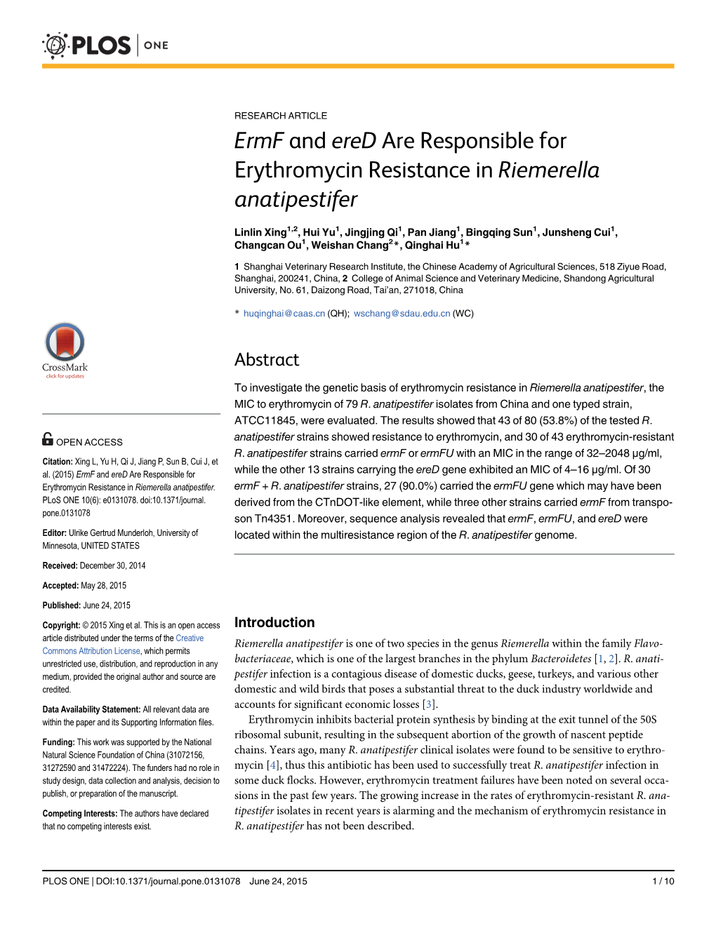 Ermf and Ered Are Responsible for Erythromycin Resistance in Riemerella Anatipestifer