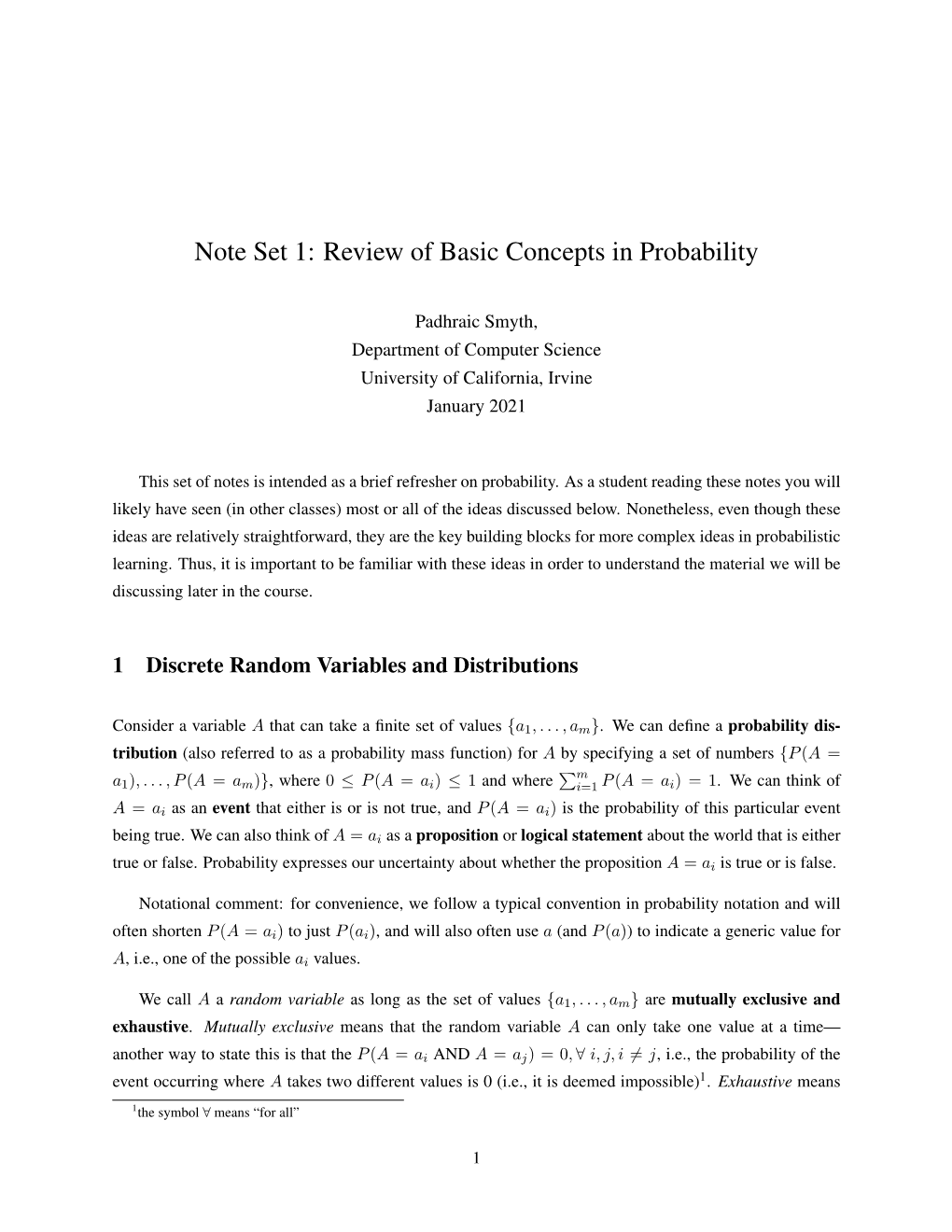 Note Set 1: Review of Basic Concepts in Probability